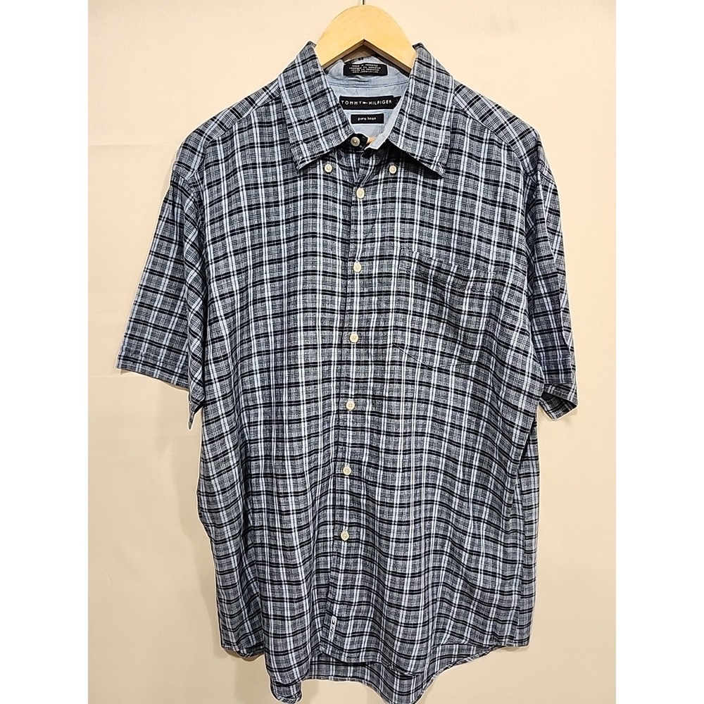 Tommy Hilfiger Pure Linen Shirt Mens L Blue Plaid,‎ Short Sleeve Button Down